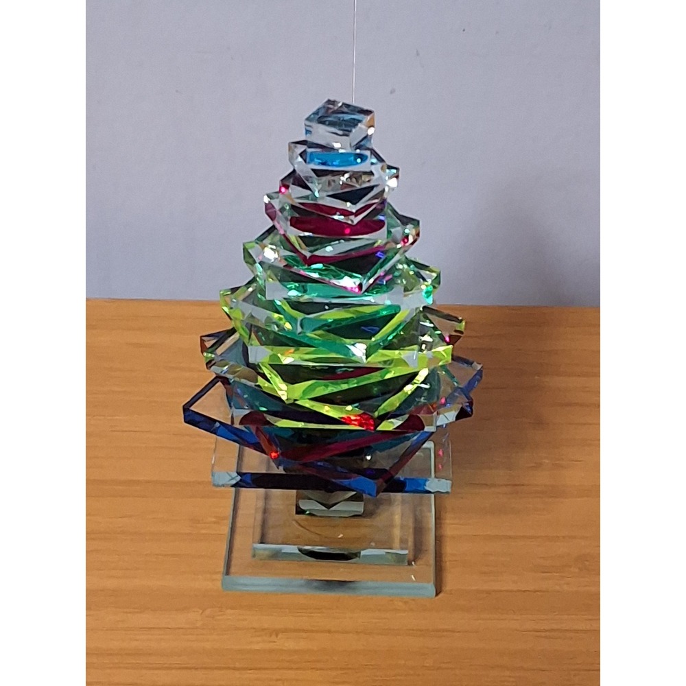M+J G Signed Dichroic Art Glass Christmas Tree Figurine Iridescent